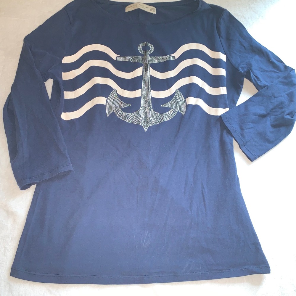 Zara navy blue sequin anchor nautical long sleeve tee t-shirt size large